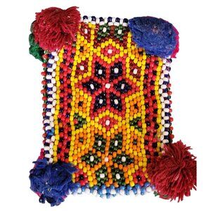 Handcrafted Lined Multicolor Beaded Coin Purse With Pompoms Accents Vintage